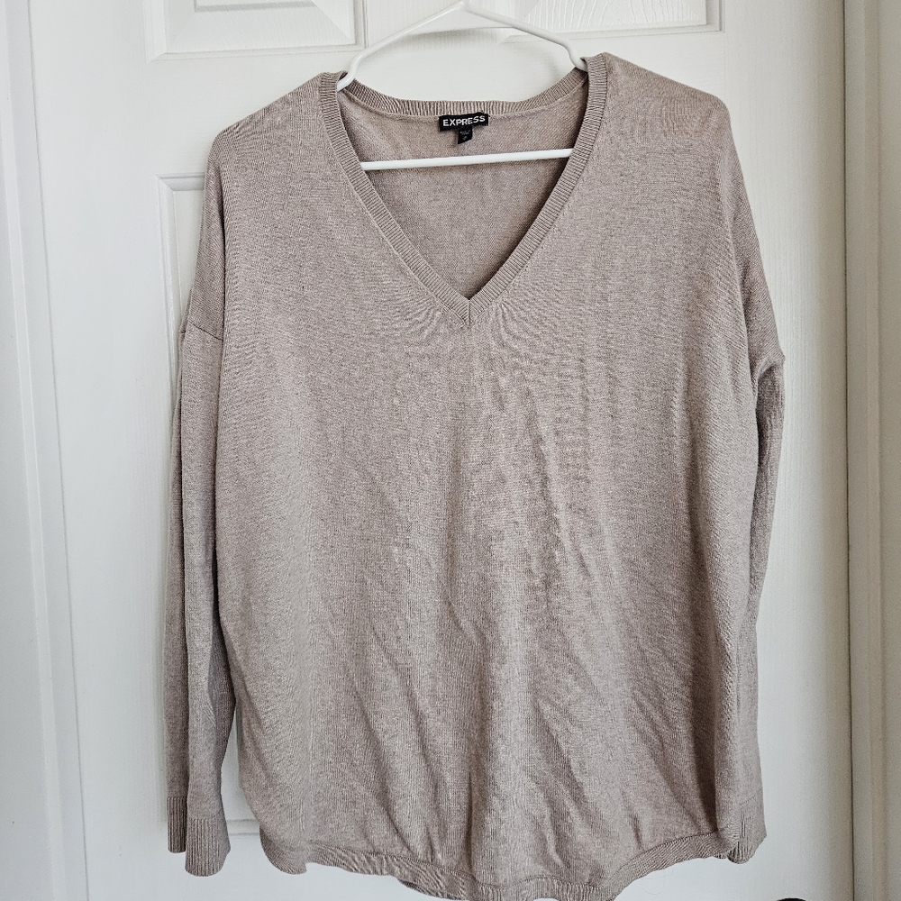 Express Light Taupe V-Neck Sweater (Size M)